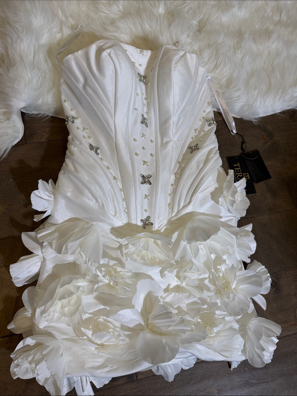 Terani Couture White Strapless Embellished Gown